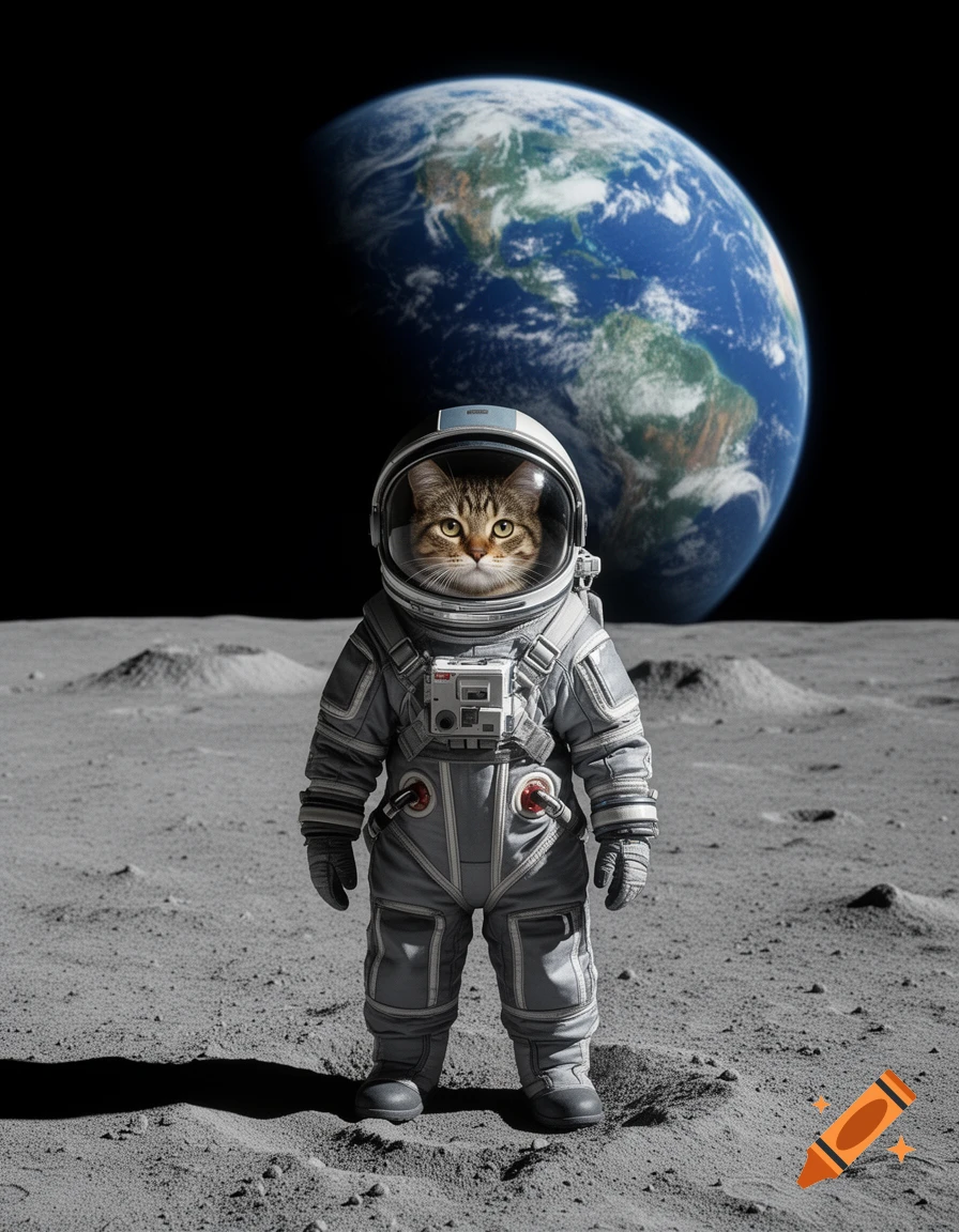 A photorealistic cat in an astronaut suit stands on the moon with Earth visible in the background.