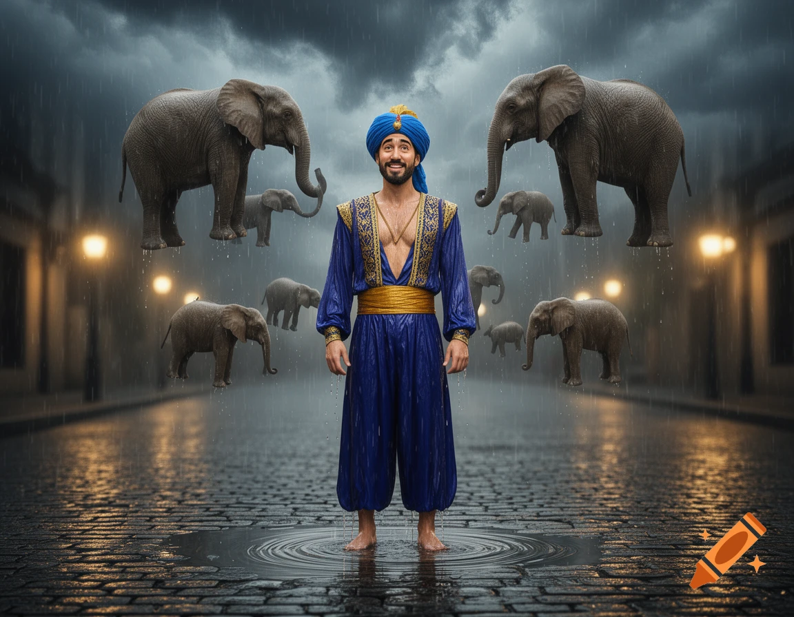 A smiling man in a blue and gold genie outfit stands barefoot in a rainy street with floating elephants around him.