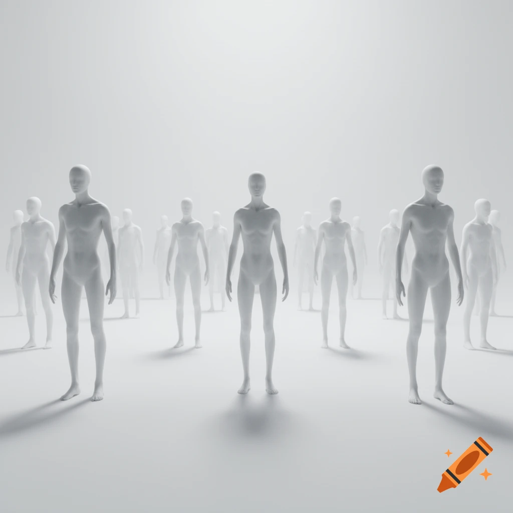 Pale white humanoid figures standing in a bright, empty white space, casting subtle shadows.