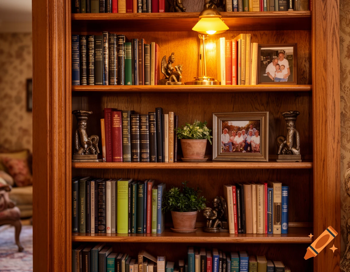A warm, well-lit wooden bookcase filled with rows of books, decorative items, and framed family photos.