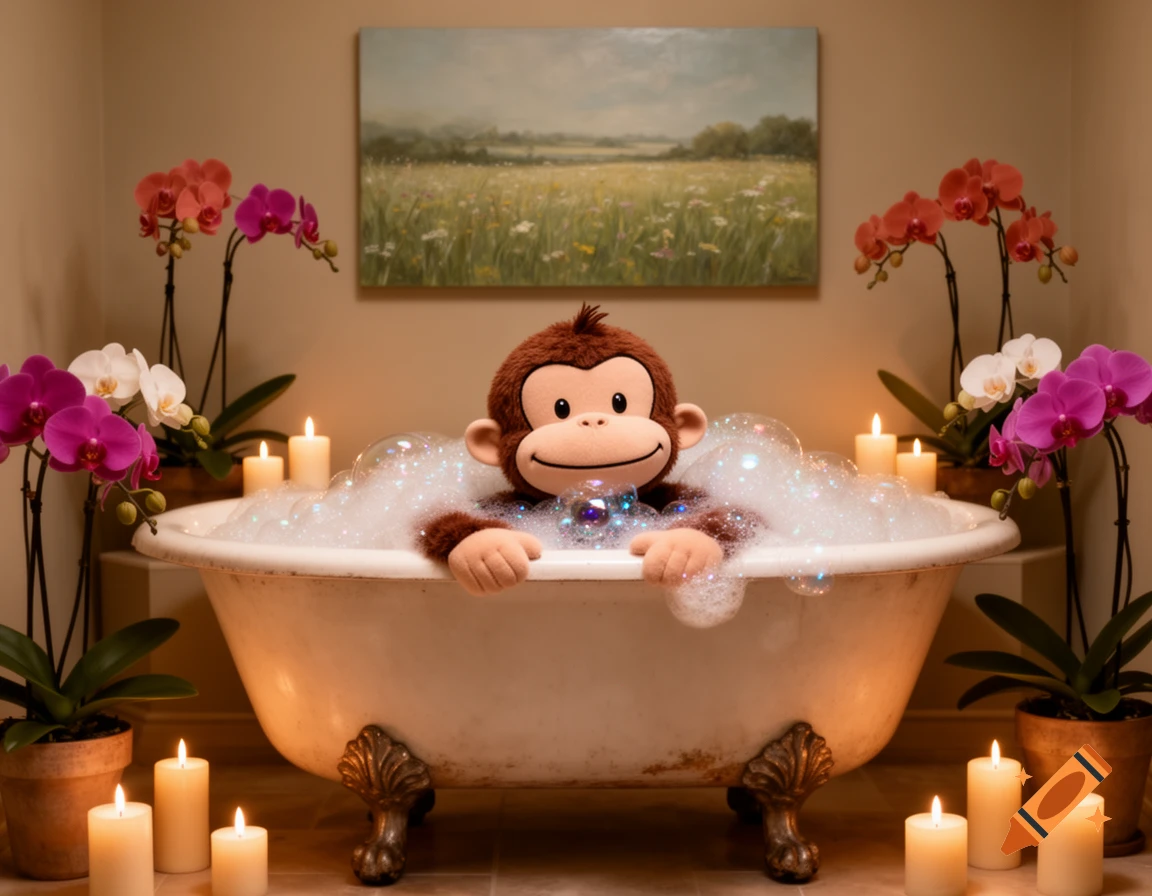 A Curious George stuffed toy takes a luxurious bubble bath, surrounded by colorful orchid plants and lit candles, with a meadow painting in the background.