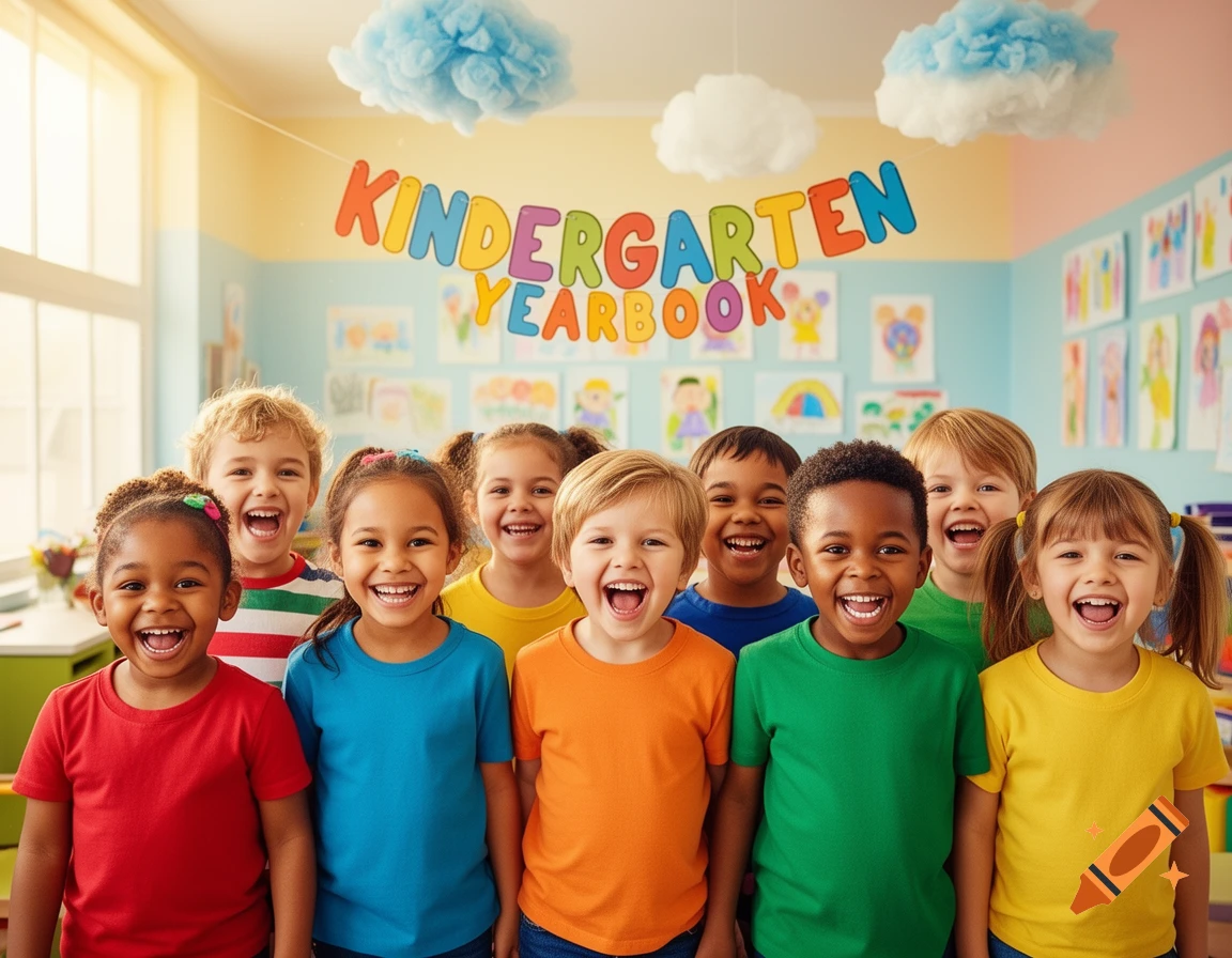 A diverse group of happy children smiling in a brightly decorated kindergarten classroom with a 'KINDERGARTEN YEARBOOK' banner.