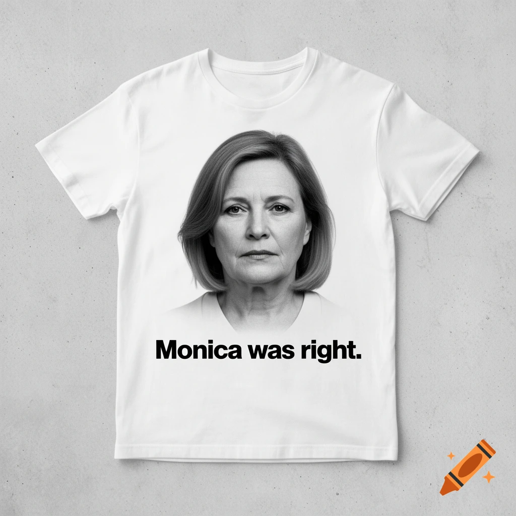 A white t-shirt featuring a black and white portrait of a stern-looking middle-aged woman, with the text "Monica was right." printed below her.