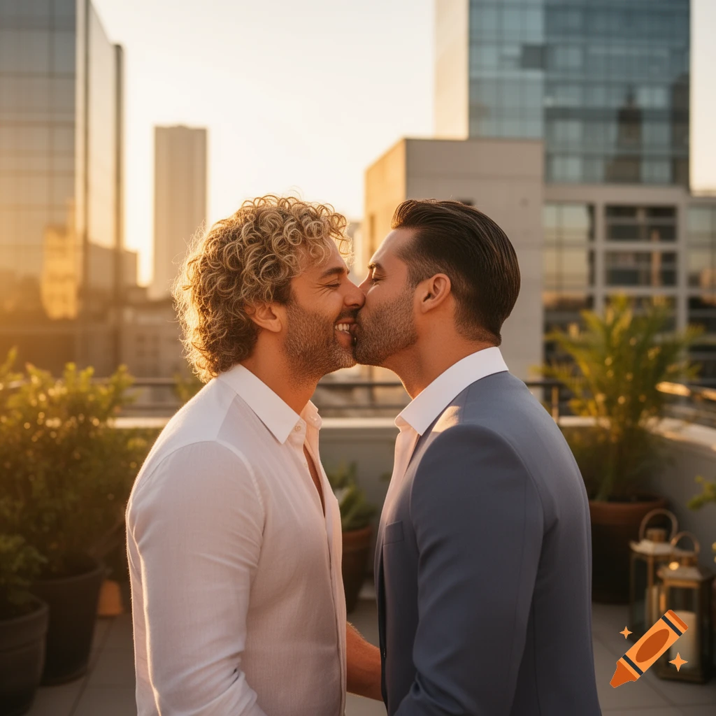 Two men kiss on a rooftop at sunset, with city buildings visible in the background, in a photorealistic style.