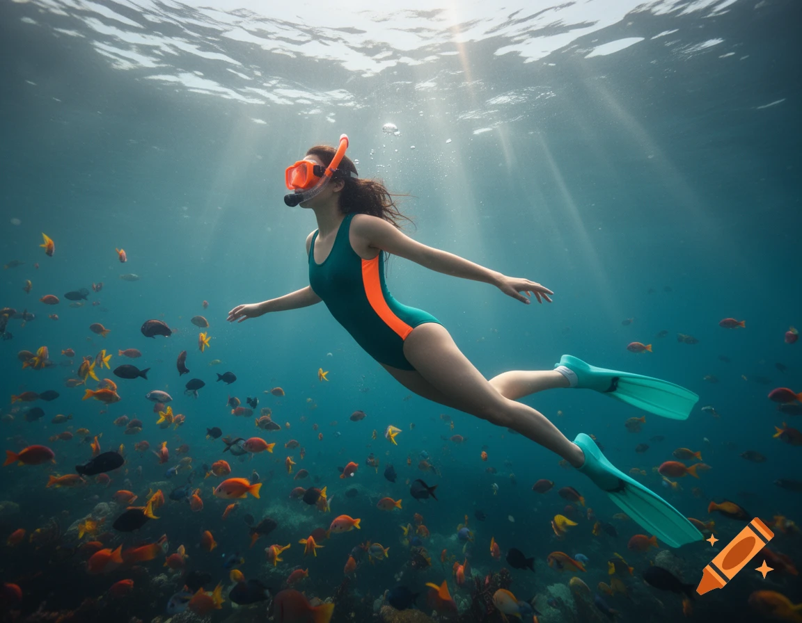 A woman in a teal and orange swimsuit with snorkel gear swims gracefully underwater amidst colorful fish and coral.