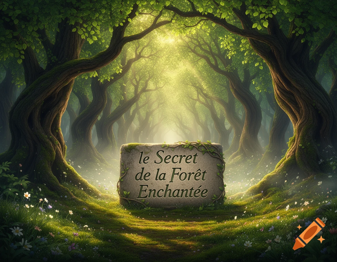 Sunlit enchanted forest path with old trees, a mossy stone tablet reading 'le Secret de la Forêt Enchantée', and wildflowers.