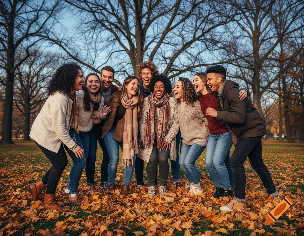 A diverse group of happy friends laughing and embracing in a park filled with autumn leaves.