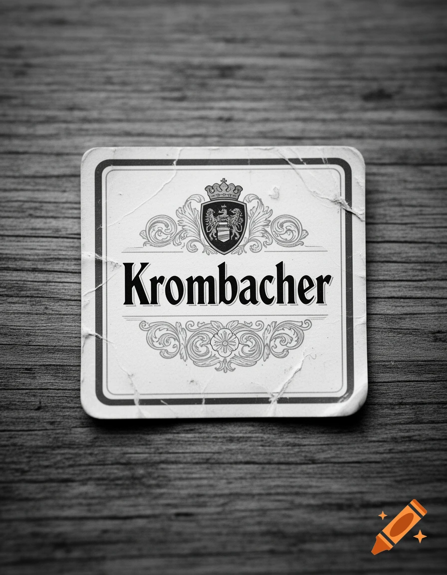 Black and white close-up of a Krombacher beer coaster on a wooden table.