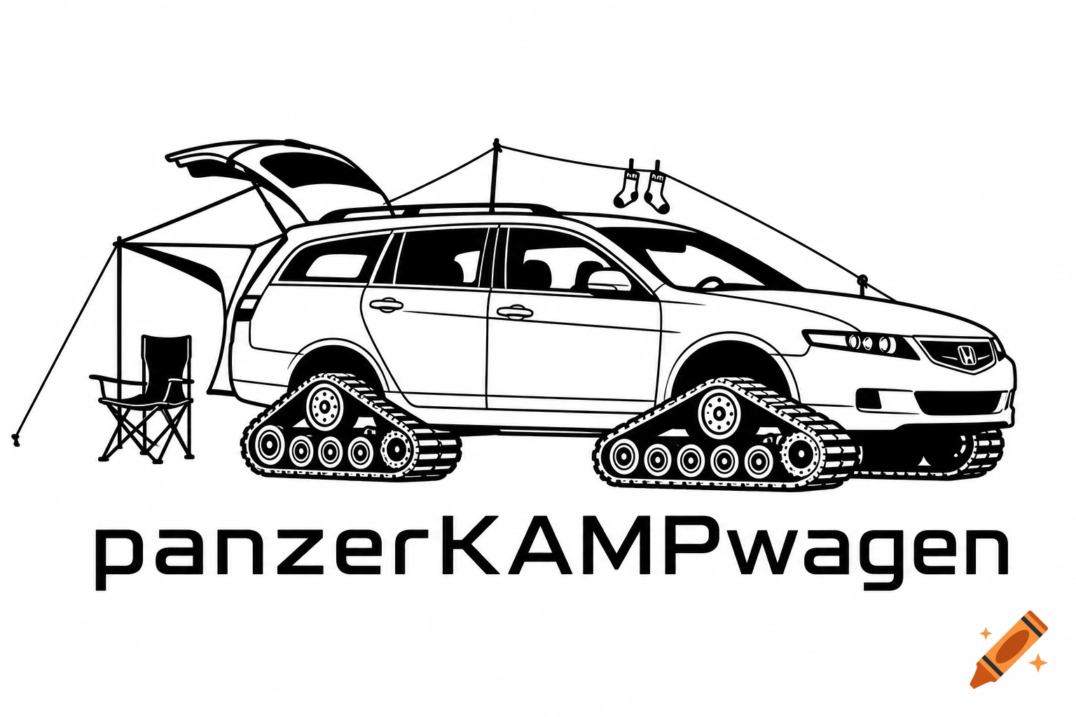Minimalist black line art logo of a station wagon with tank tracks, a camping tent, chair, and drying socks. Text 'panzerKAMPwagen' below.