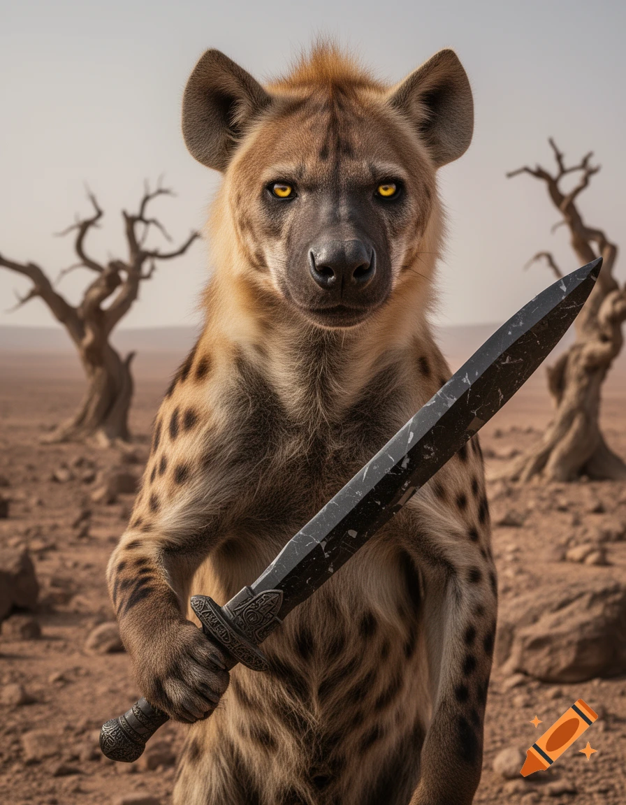 Photorealistic image of a standing hyena with glowing yellow eyes, holding a black obsidian sword in a desolate desert with dead trees.