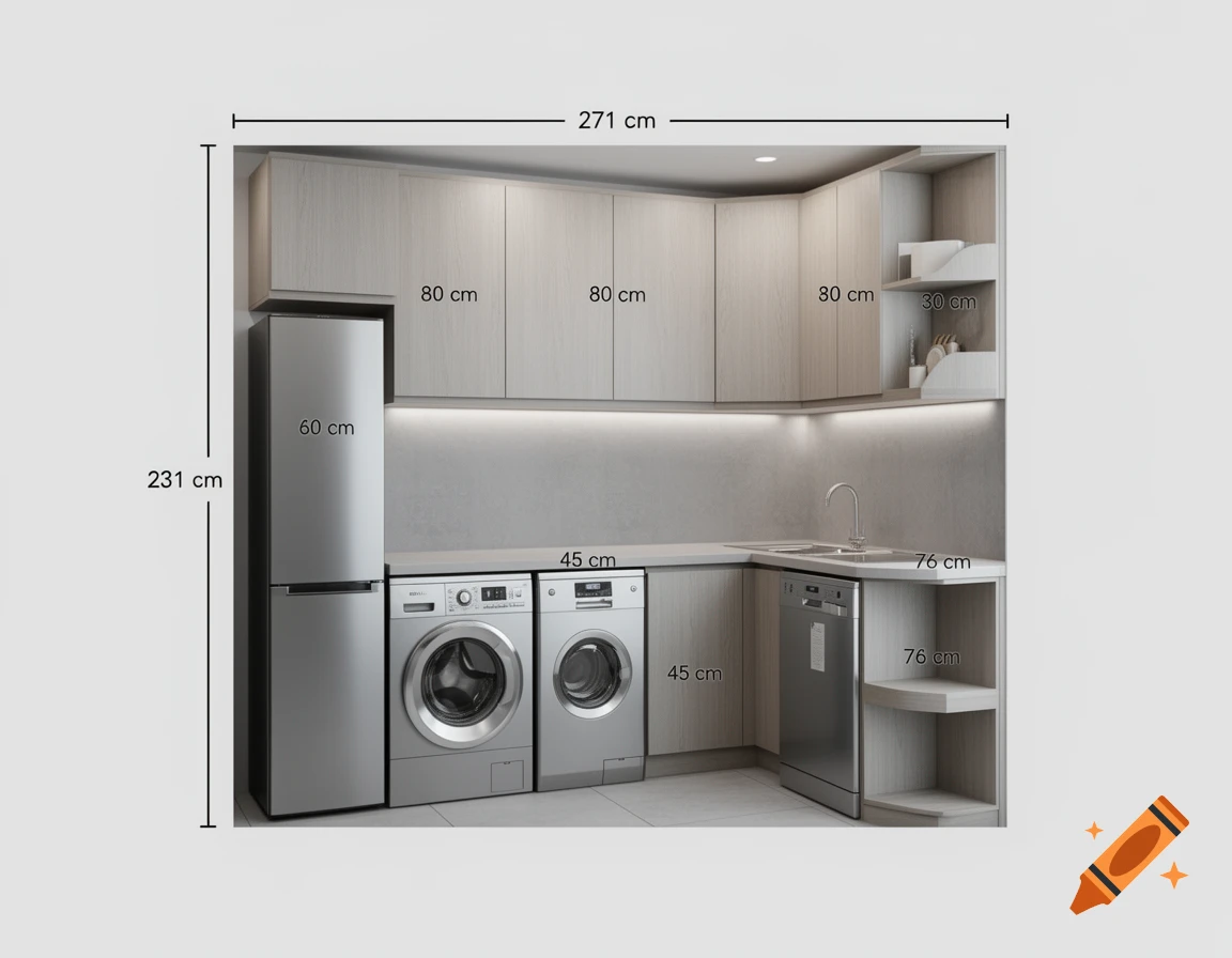 A modern L-shaped kitchen and laundry room design with light wood cabinets, stainless steel appliances, a sink, and various measurements in centimeters for a layout plan.