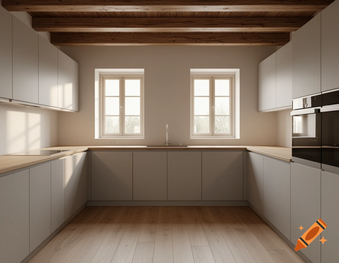 Photorealistic U-shaped kitchen with light grey cabinets, wooden counters and floor, two windows, and exposed wooden ceiling beams.
