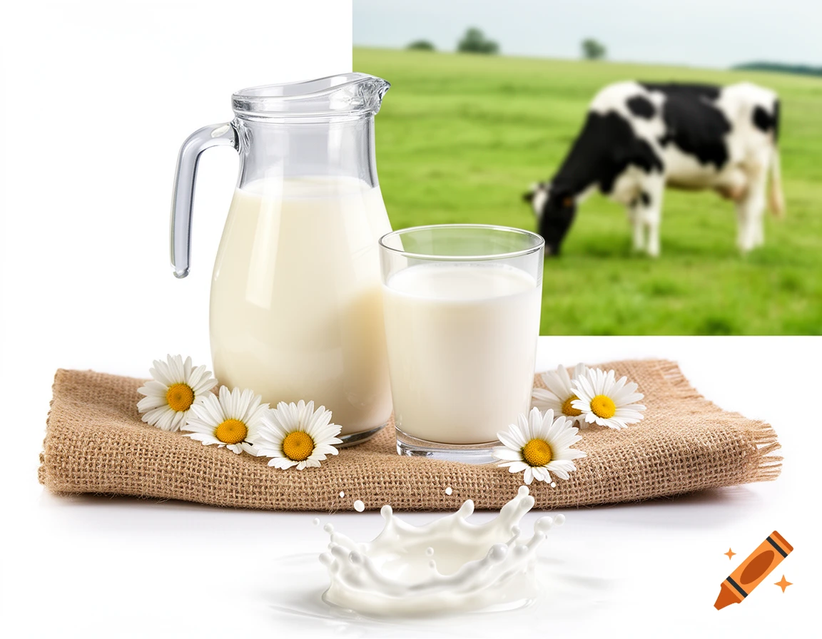 A glass jug and a glass of milk with white daisies on burlap, a milk splash, and a blurred cow grazing in a green field.