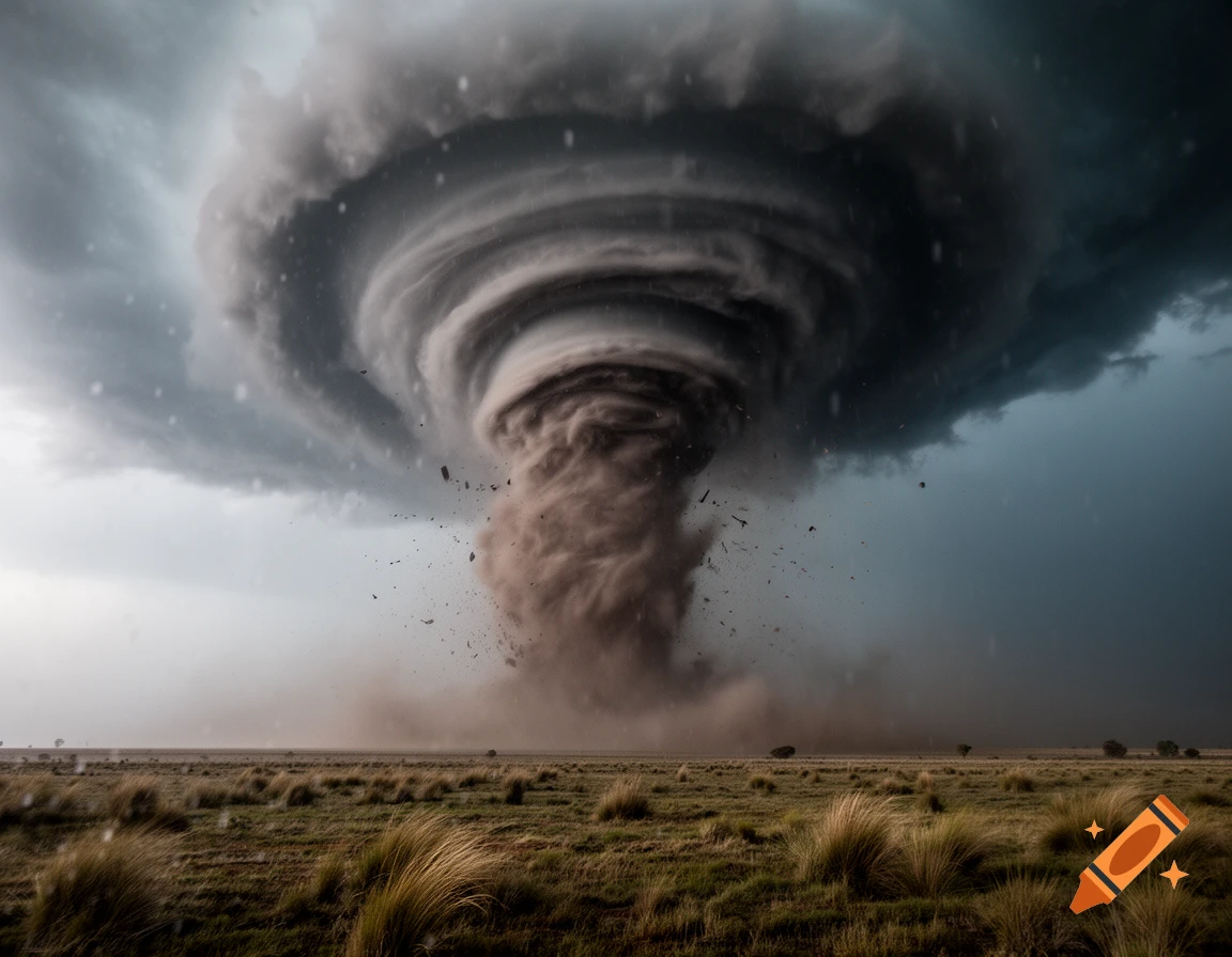 A massive, photorealistic tornado swirls over a dry grassy field under a dark, cloudy sky, kicking up dust.