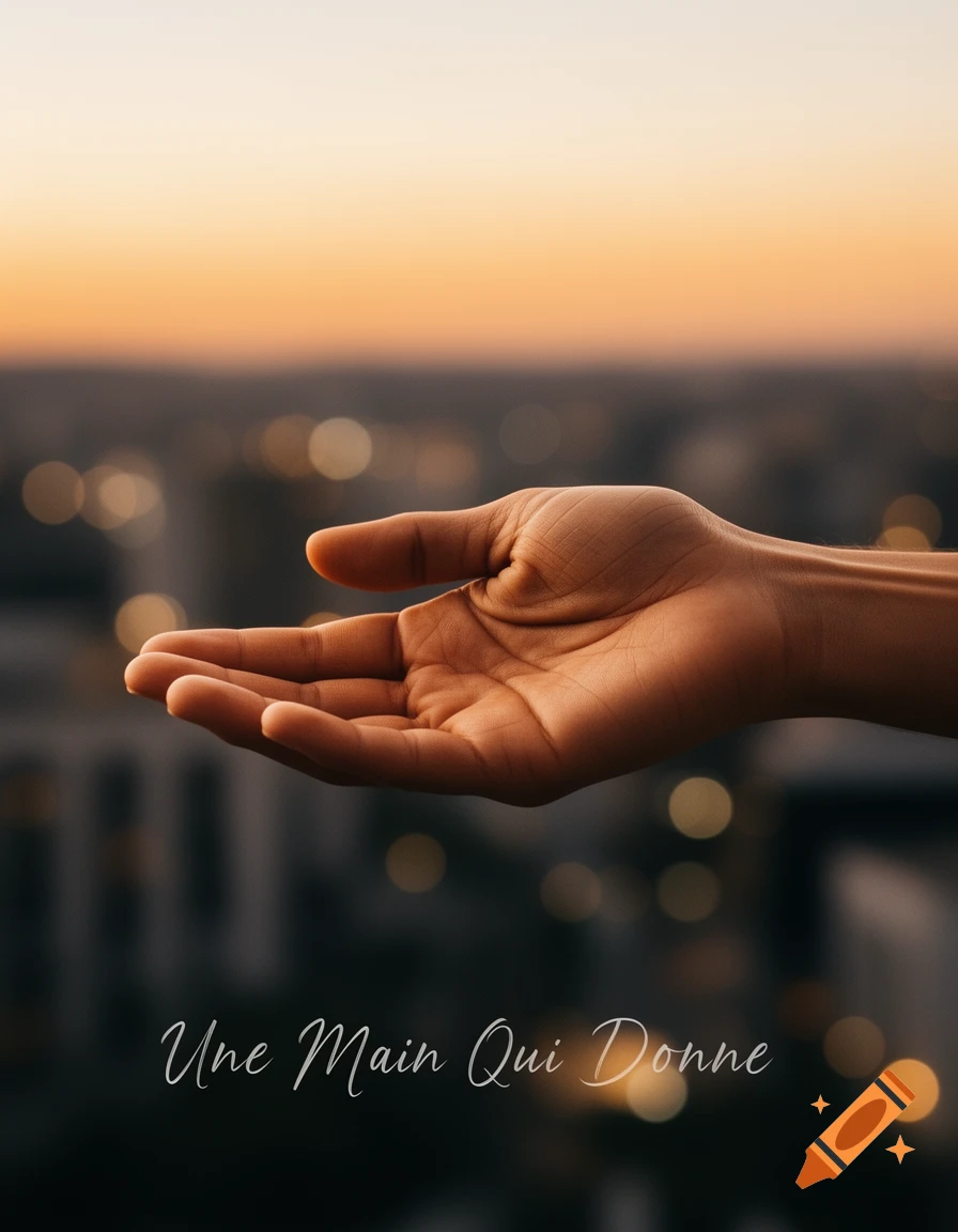 An open human hand reaching out, backlit by a soft orange sunset over a blurred city, with French text 'Une Main Qui Donne' at the bottom.
