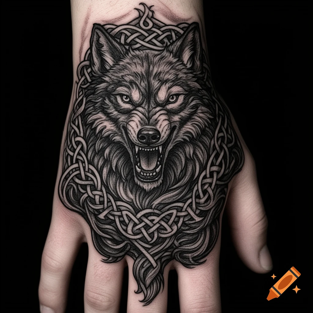 Detailed black and white tattoo of a snarling wolf's head surrounded by intricate Celtic knotwork on the back of a hand.