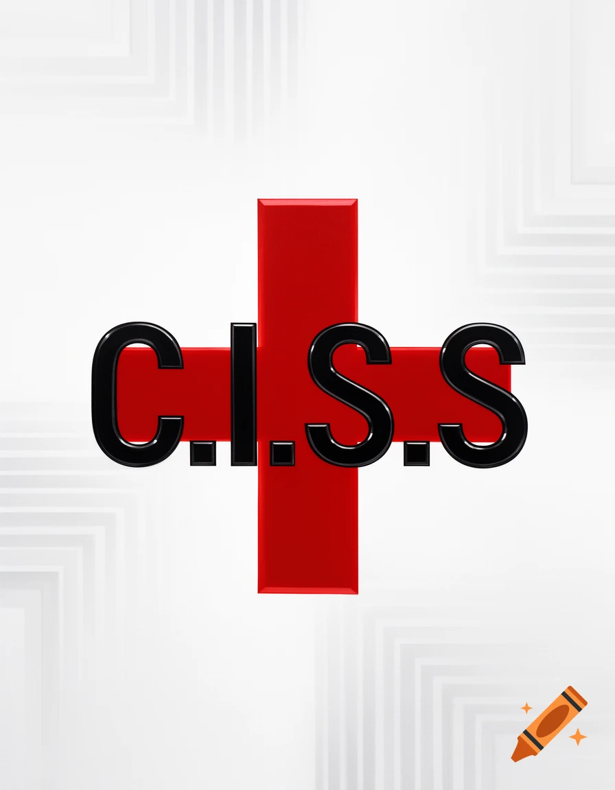 A glossy black C.I.S.S logo superimposed on a prominent red cross, set against a light gray patterned background.