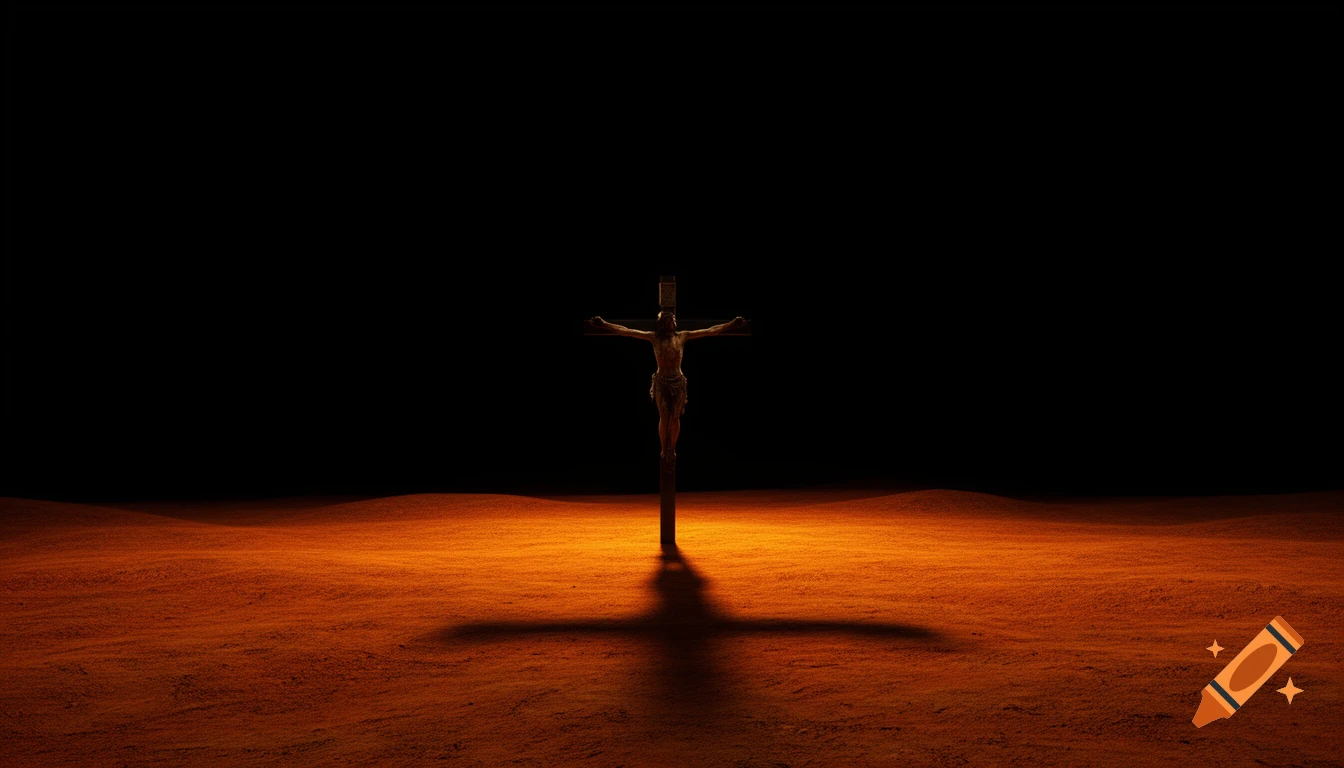 A silhouette of Jesus on a crucifix stands on a desolate orange landscape under a dark sky, casting a long shadow.
