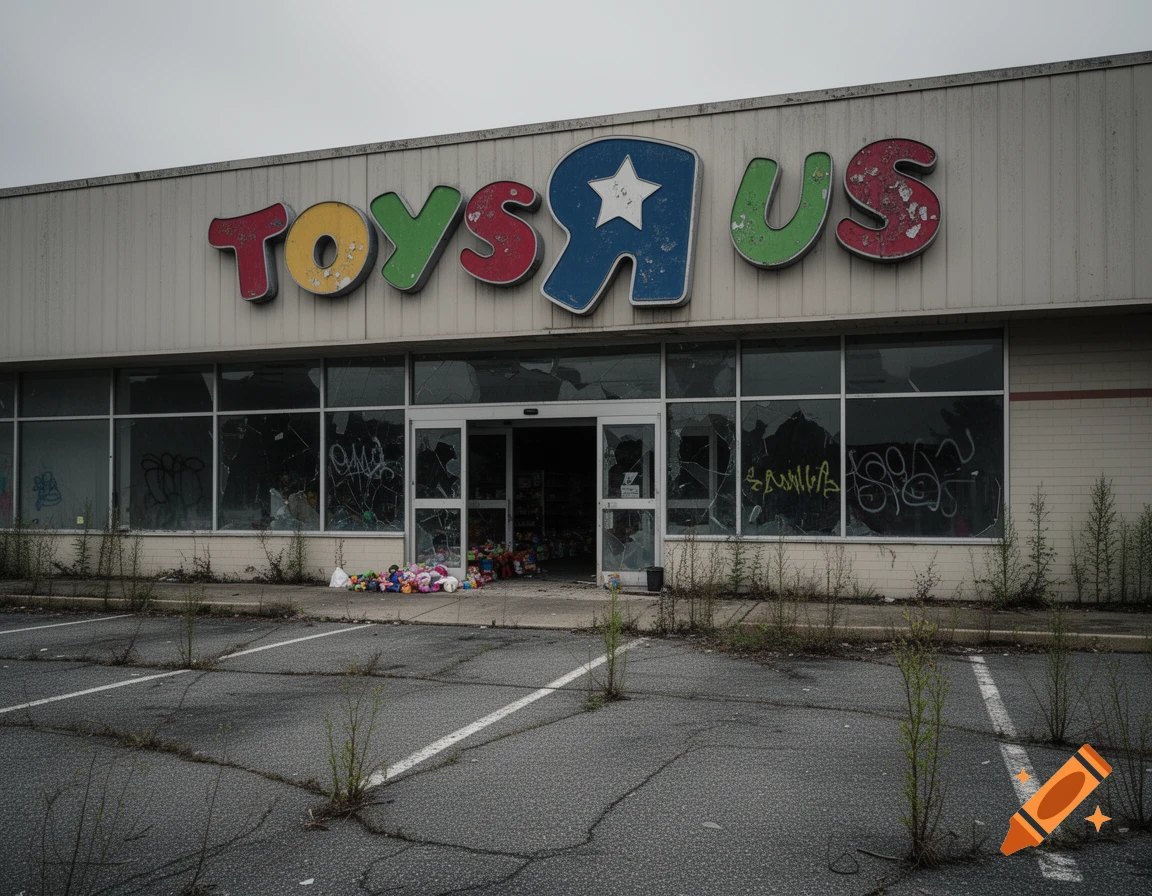 An abandoned Toys R Us store with broken windows, graffiti on the storefront, and weeds growing in the parking lot.