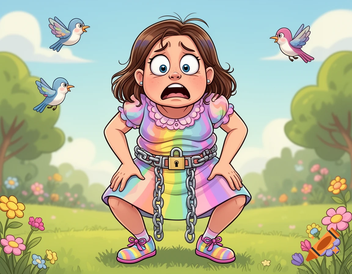 A distressed cartoon girl in a rainbow dress and padlocked chain belt squats in a flowery garden with birds flying.