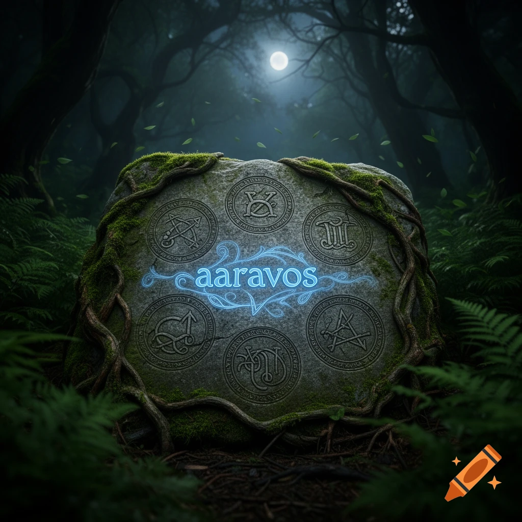 A moss-covered stone slab with glowing blue ancient symbols and the word "aaravos" sits in a dark, moonlit forest, surrounded by ferns and roots.