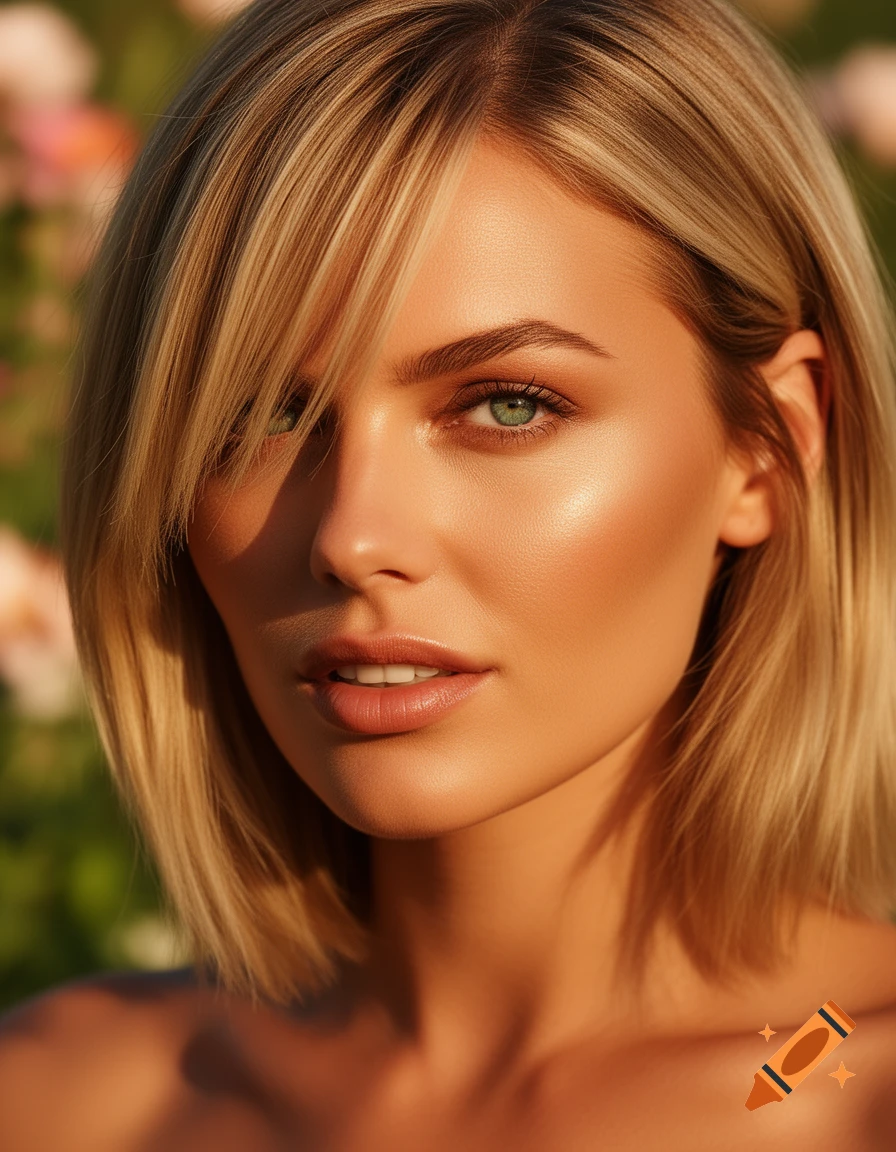 Close-up of a blonde woman with green eyes, tanned skin, and bangs, softly lit outdoors.
