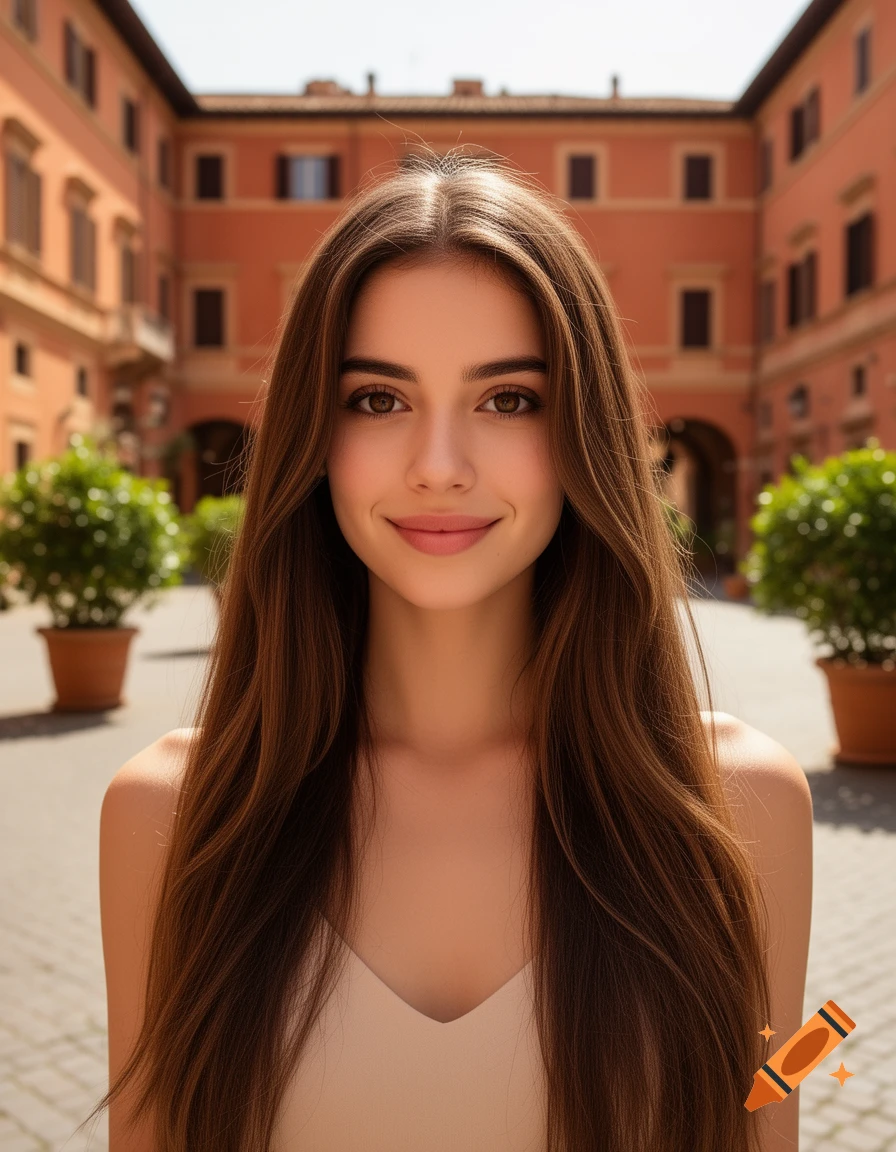 Photorealistic portrait of a young woman with long brown hair and a slight smile, standing in an Italian-style courtyard.