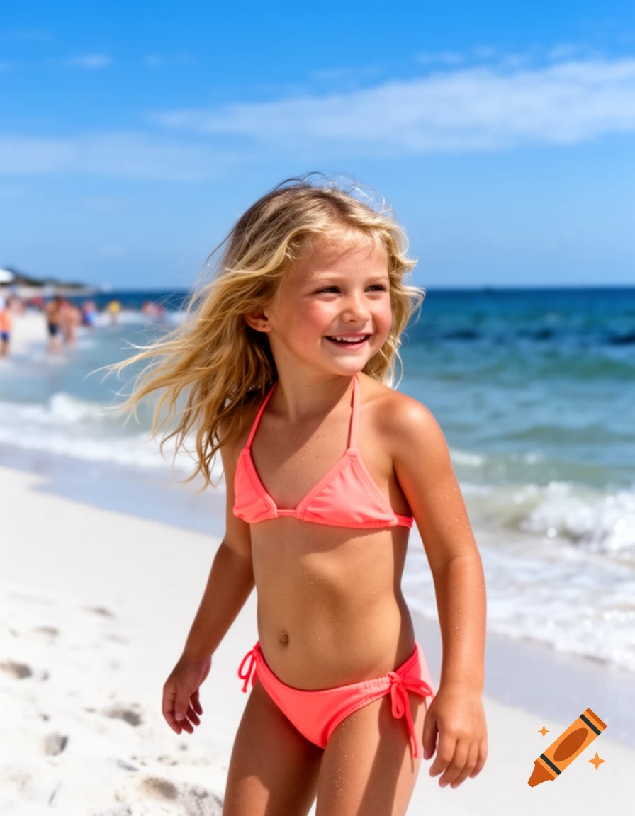 A smiling young girl in a coral bikini stands on a sunny white sand beach with the ocean behind her.