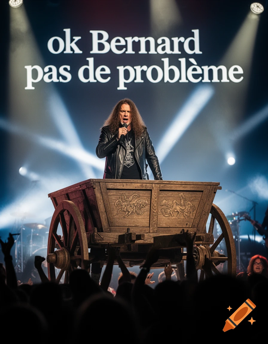 A male singer with long, curly hair wearing a leather jacket performs on stage, standing behind a decorated wooden cart. The text 'ok Bernard pas de problème' is projected on a screen behind him, with spotlights shining down. A crowd is visible in the foreground.