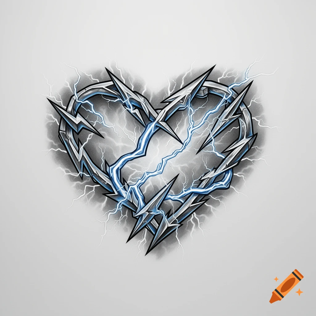 A stylized heart made of silver barbed wire and sharp thorns, with blue lightning bolts, against a light gray background.