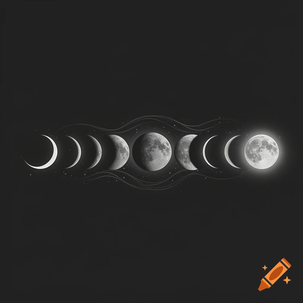 A horizontal sequence of monochrome moon phases from crescent to full against a dark sky with subtle lines and stars.