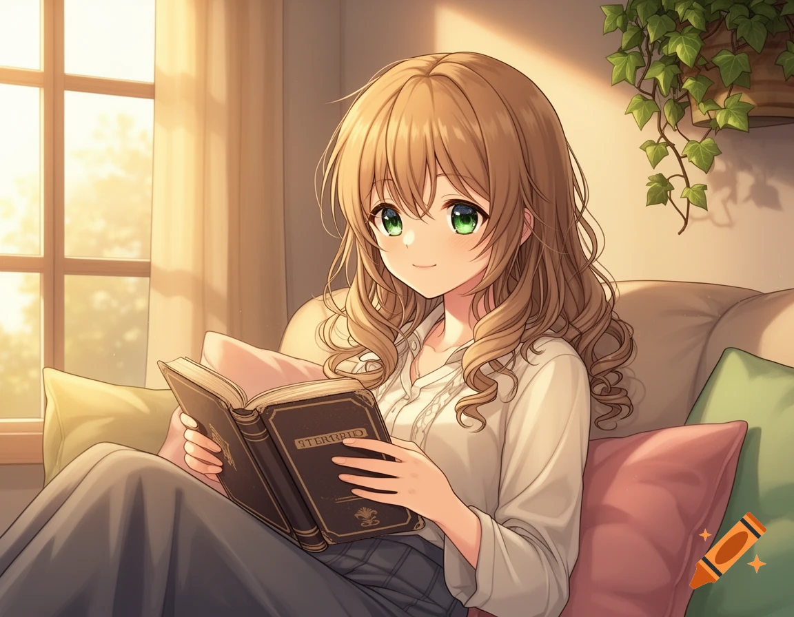 Anime girl with light brown hair and green eyes sitting on a couch, reading a book by a sunlit window.