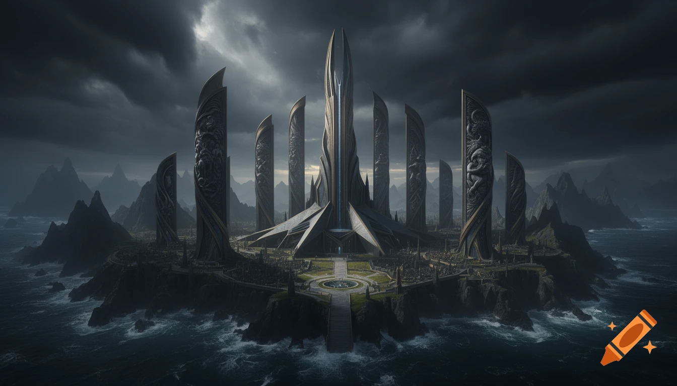 A dark, majestic fantasy city with towering spires and monolithic structures on a rocky island in a stormy sea under a dramatic sky.