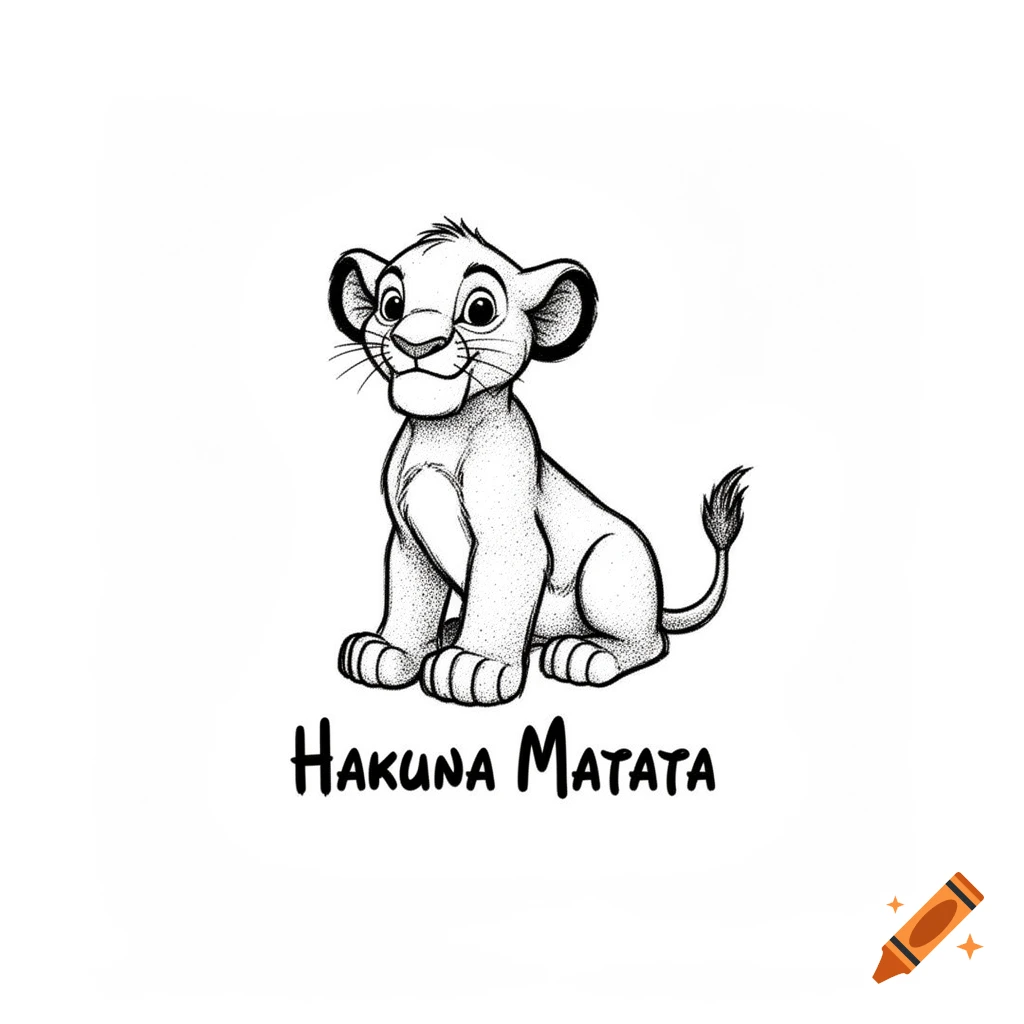 A black and white stylized drawing of a baby lion cub sitting, with the text "Hakuna Matata" written below it, on a plain white background.