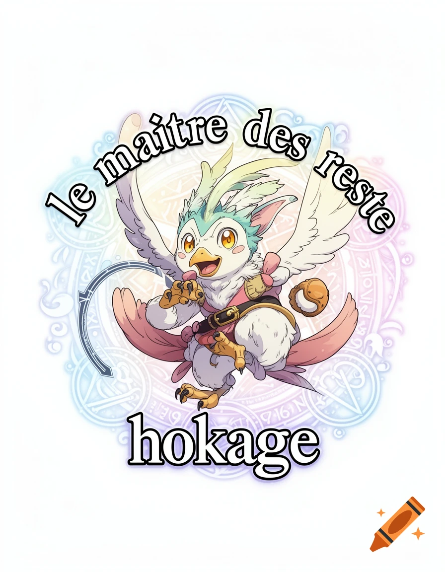 A cute, stylized anime griffin-like creature, wearing a pink bow and a belt, with text reading 'le maître des reste' and 'hokage'.