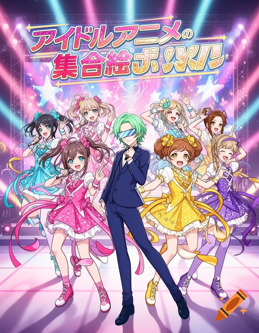Anime illustration of a group of female idol characters and one male character performing on a brightly lit stage with sparkling stars.