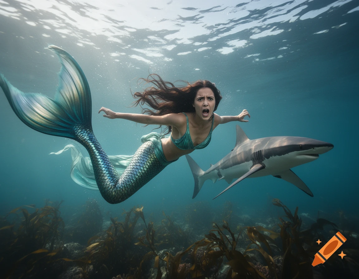 A frightened mermaid with long dark hair and a teal tail swims away from a shark in a clear blue ocean.