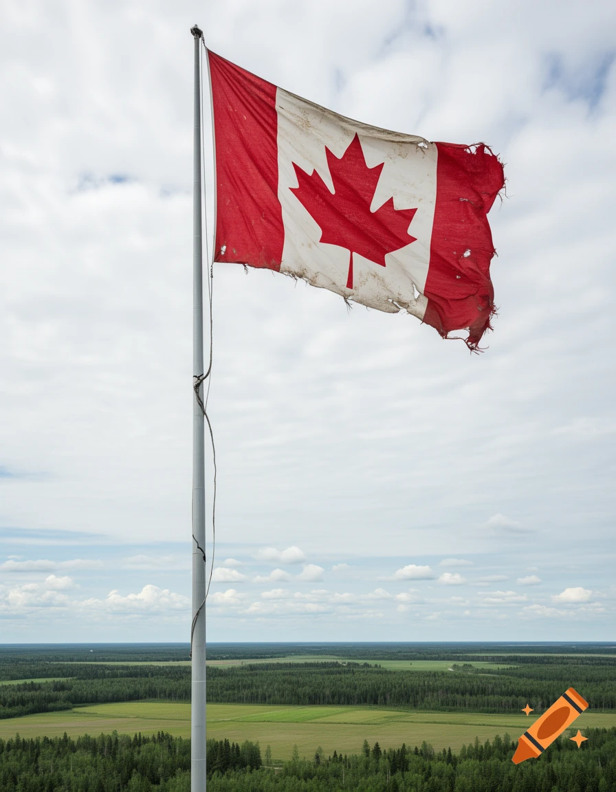 A tattered Canadian flag flies high on a tall flagpole over a vast green forest and fields under a cloudy sky.