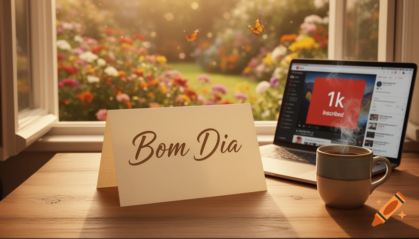 A 'Bom Dia' card and a laptop showing '1k Inscribed' on a YouTube-like screen, next to a steaming coffee mug on a wooden table, with a sunny garden visible through an open window.