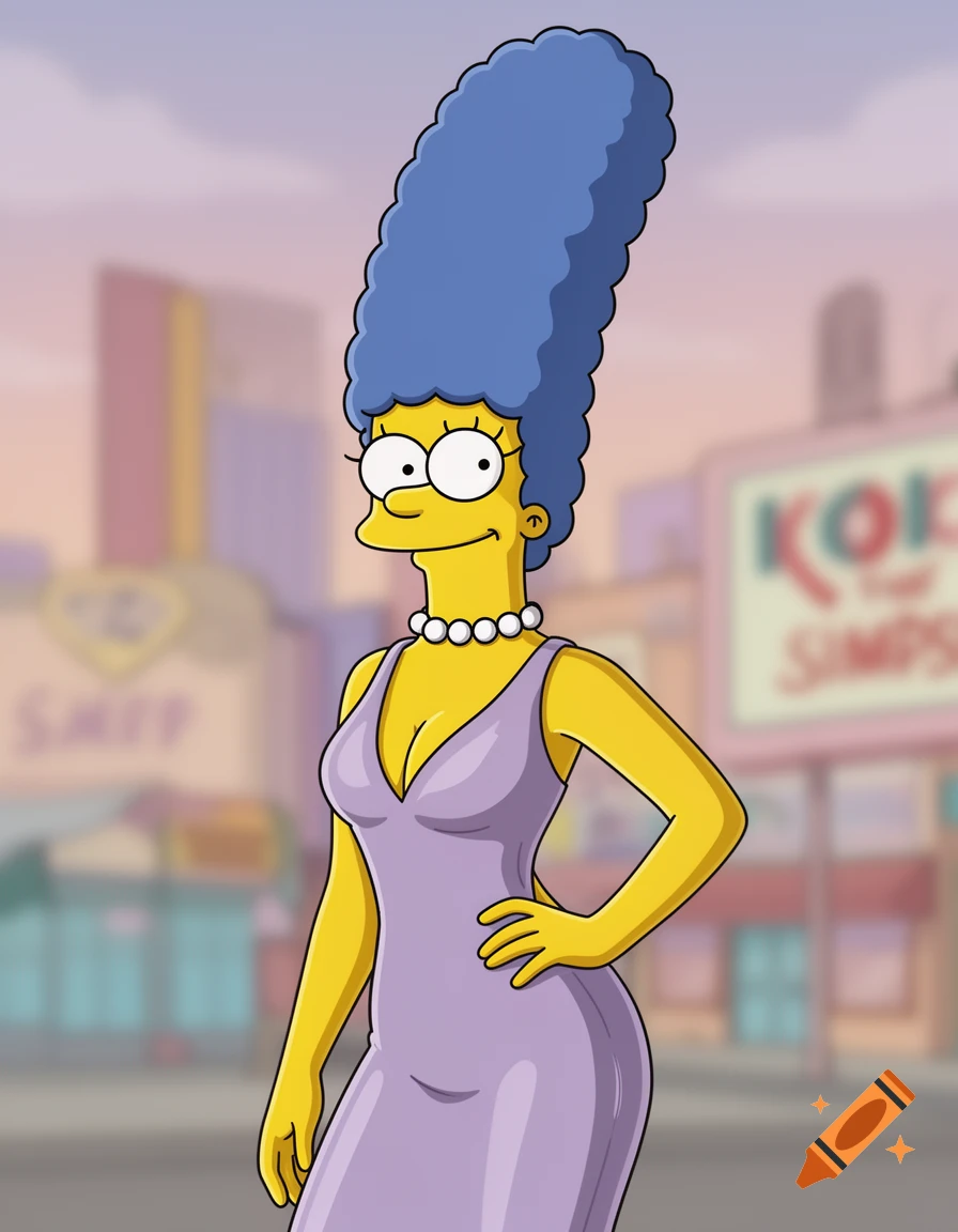 Marge Simpson in her signature tall blue hair, yellow skin, and a form-fitting lilac dress with a pearl necklace, standing against a blurred city background.