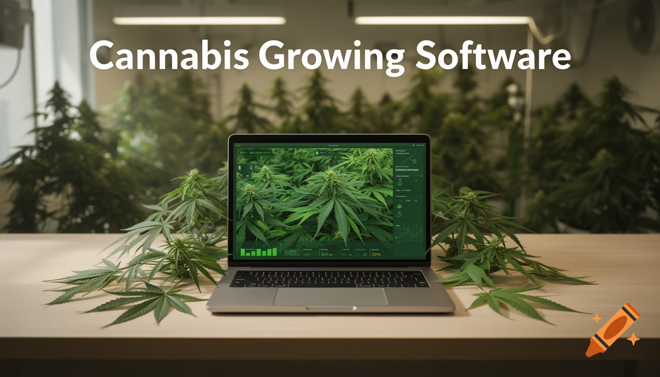 A laptop on a wooden desk displaying cannabis plants on its screen, surrounded by cannabis leaves. The text "Cannabis Growing Software" floats above the scene, set in a grow room.