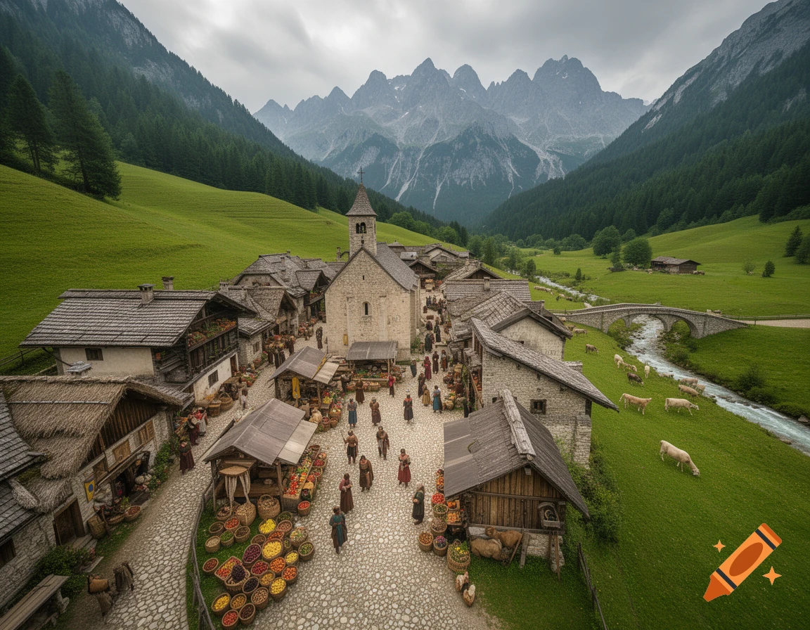 Aerial view of a bustling medieval village market in a green mountain valley with a river, stone bridge, and snow-capped peaks.