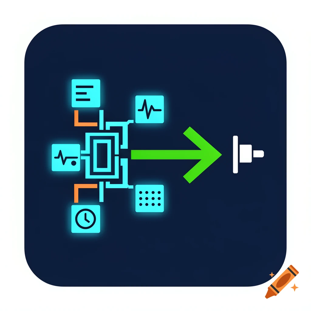 A square app icon with a dark blue background depicting a data flow. A central processing unit connects to glowing cyan data packets, which are sent via a bright green arrow to a white receiver endpoint.