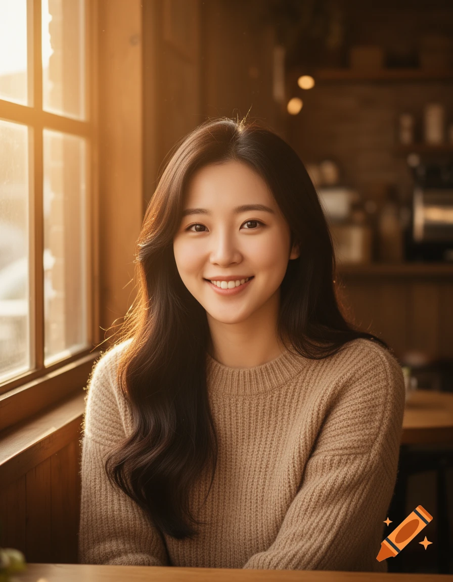 A smiling Korean woman with long dark hair wears a beige knit sweater, sitting by a sunny cafe window in a photorealistic portrait.