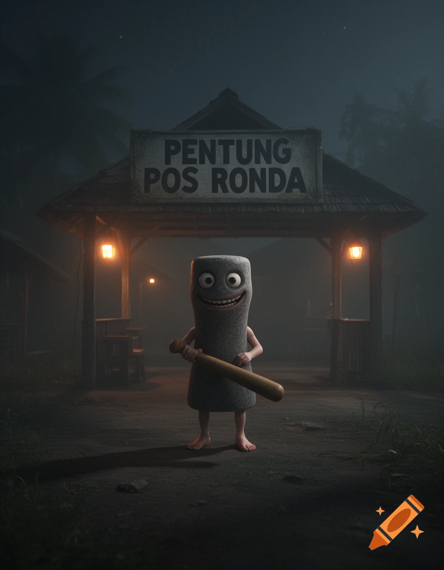 A creepy grey cylindrical character with a wide smile and bulging eyes holds a bat in front of a rural shelter at night, in a foggy, eerie 3D render.