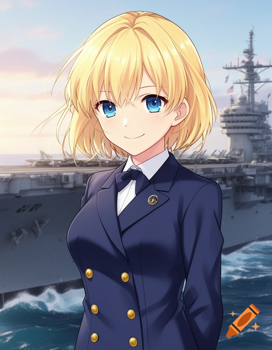 Anime blonde girl in a US Navy uniform smiling in front of an aircraft carrier on the sea.