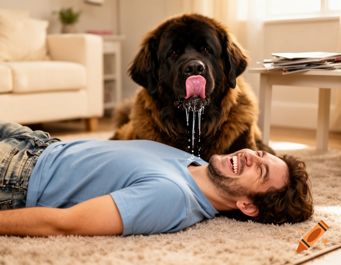 A large, shaggy brown dog heavily drools onto a laughing man lying on a light brown carpet in a sunlit living room.