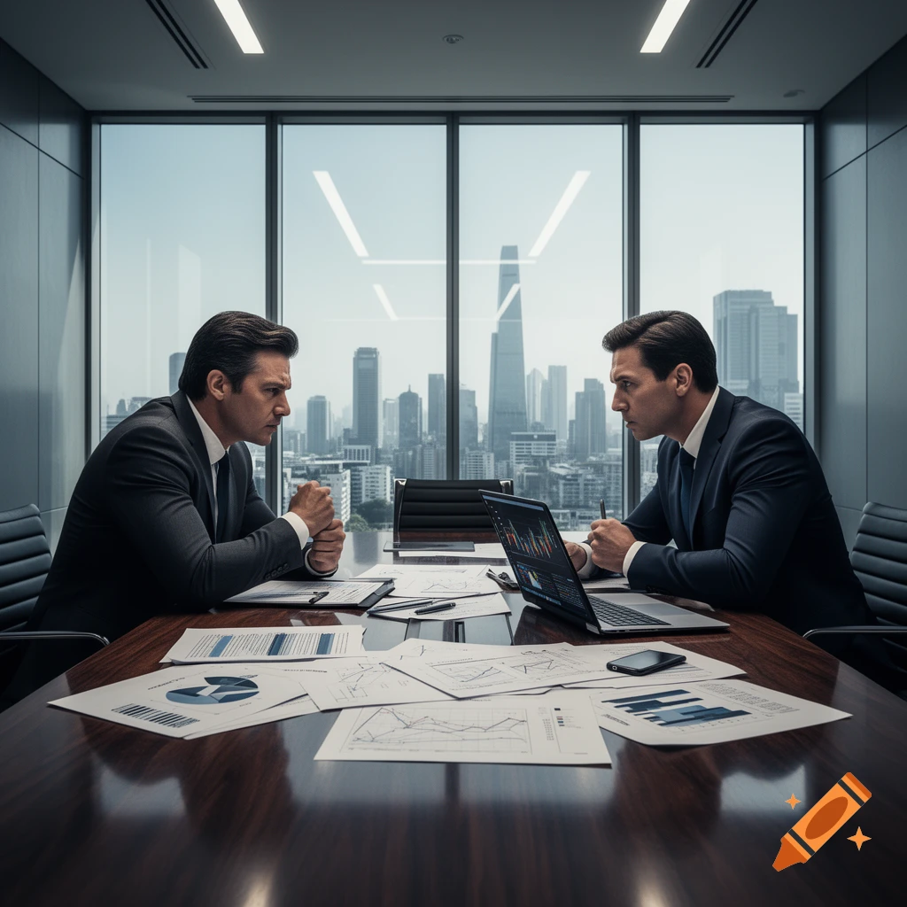 Two intense businessmen in suits sit at a conference table facing each other, with documents and a laptop, against a city skyline.