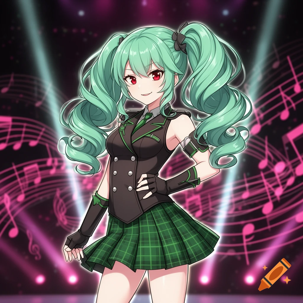 Anime girl with mint green pigtails, red eyes, black vest, and green plaid skirt on a stage with pink spotlights and musical notes.