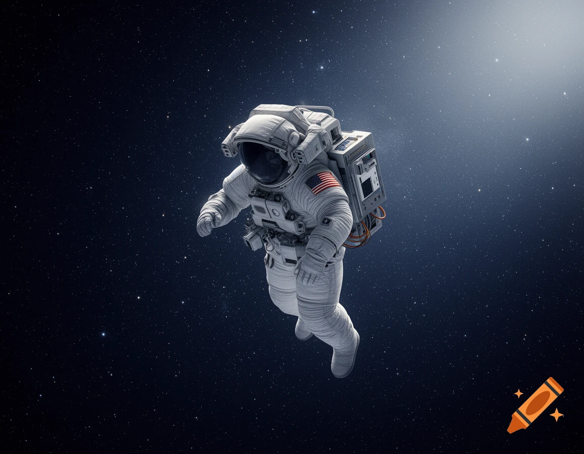 Photorealistic image of an astronaut in a white suit with an American flag patch, floating amidst stars in dark space, lit by a bright source from the right.